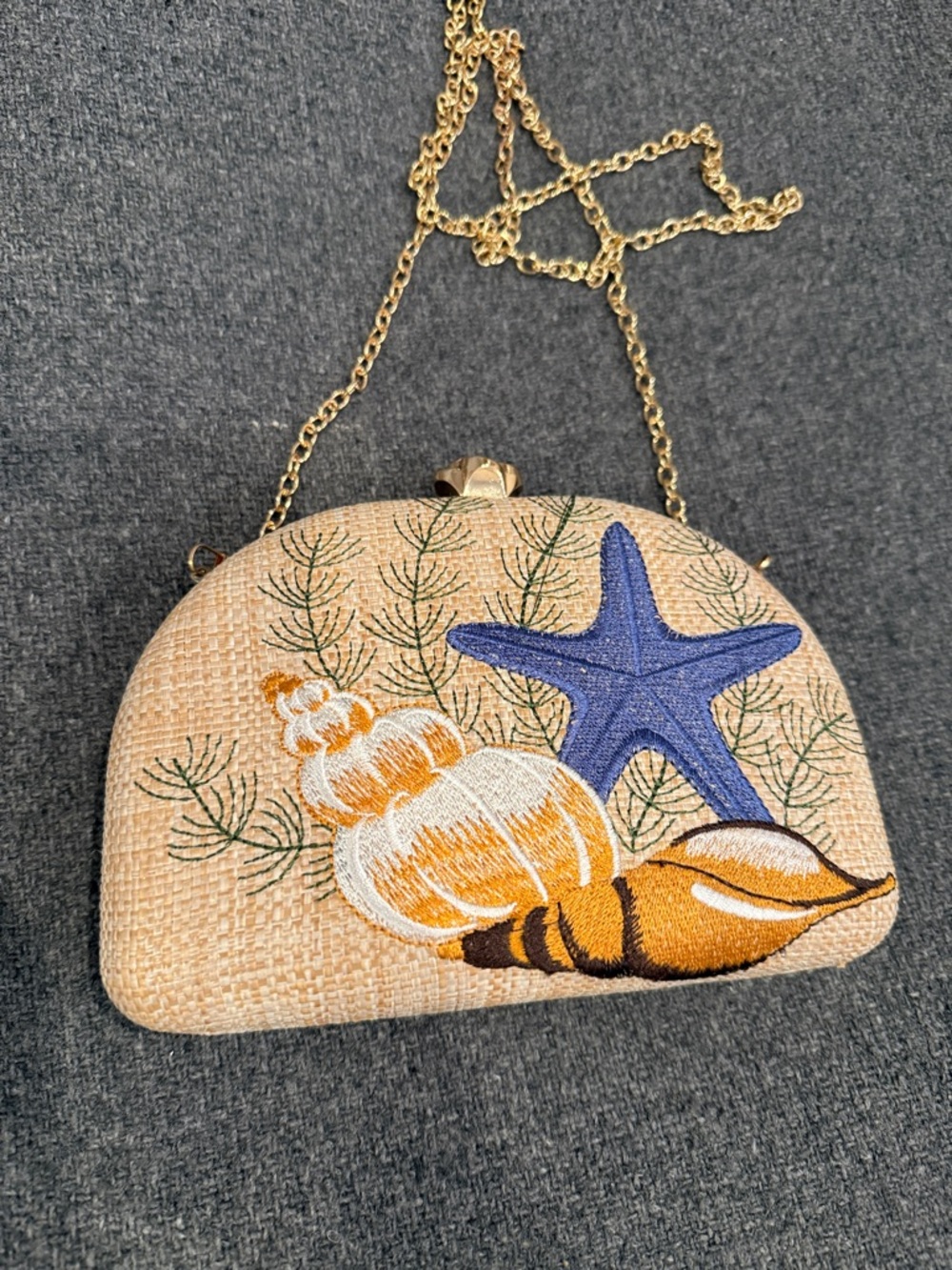 Beach Embroidered and Textured Hard Shell Clutch with Gold Chain